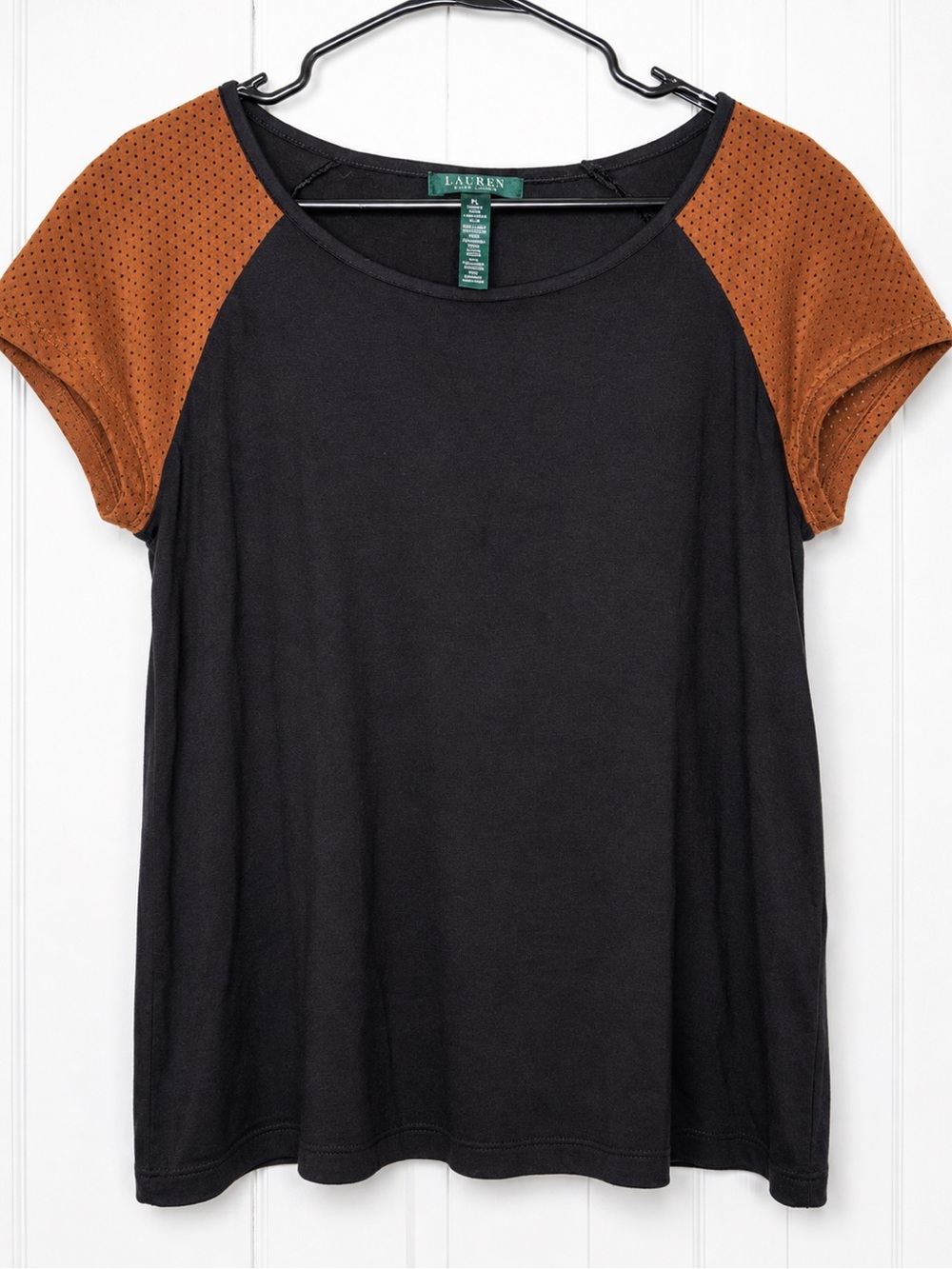 Lauren Ralph Lauren Black Mixed Media Top Faux Suede Perforated Cap Sleeves PL